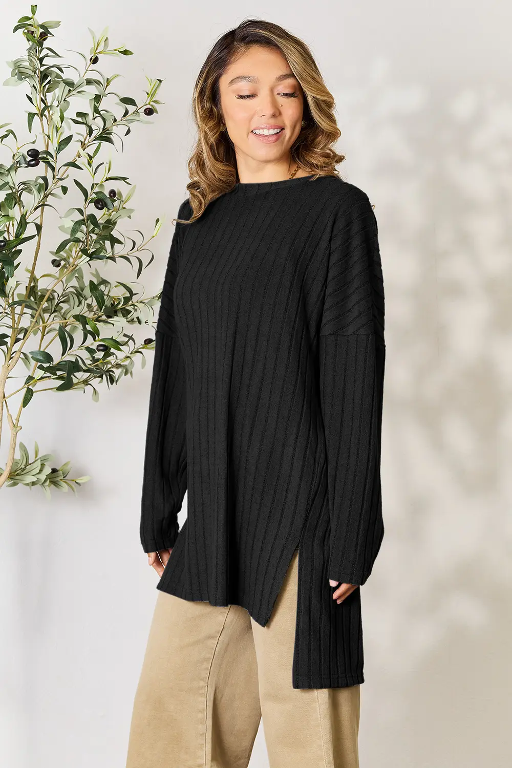 Full Size Ribbed Round Neck Long Sleeve Slit Top, image 16