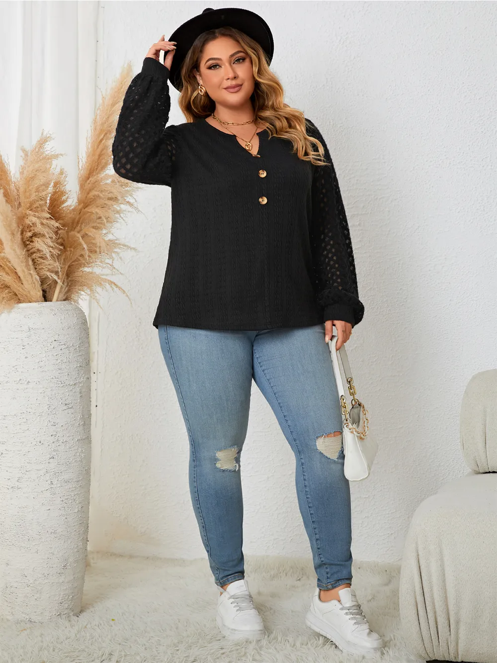 Plus Size Openwork Notched Button Front Blouse, image 5