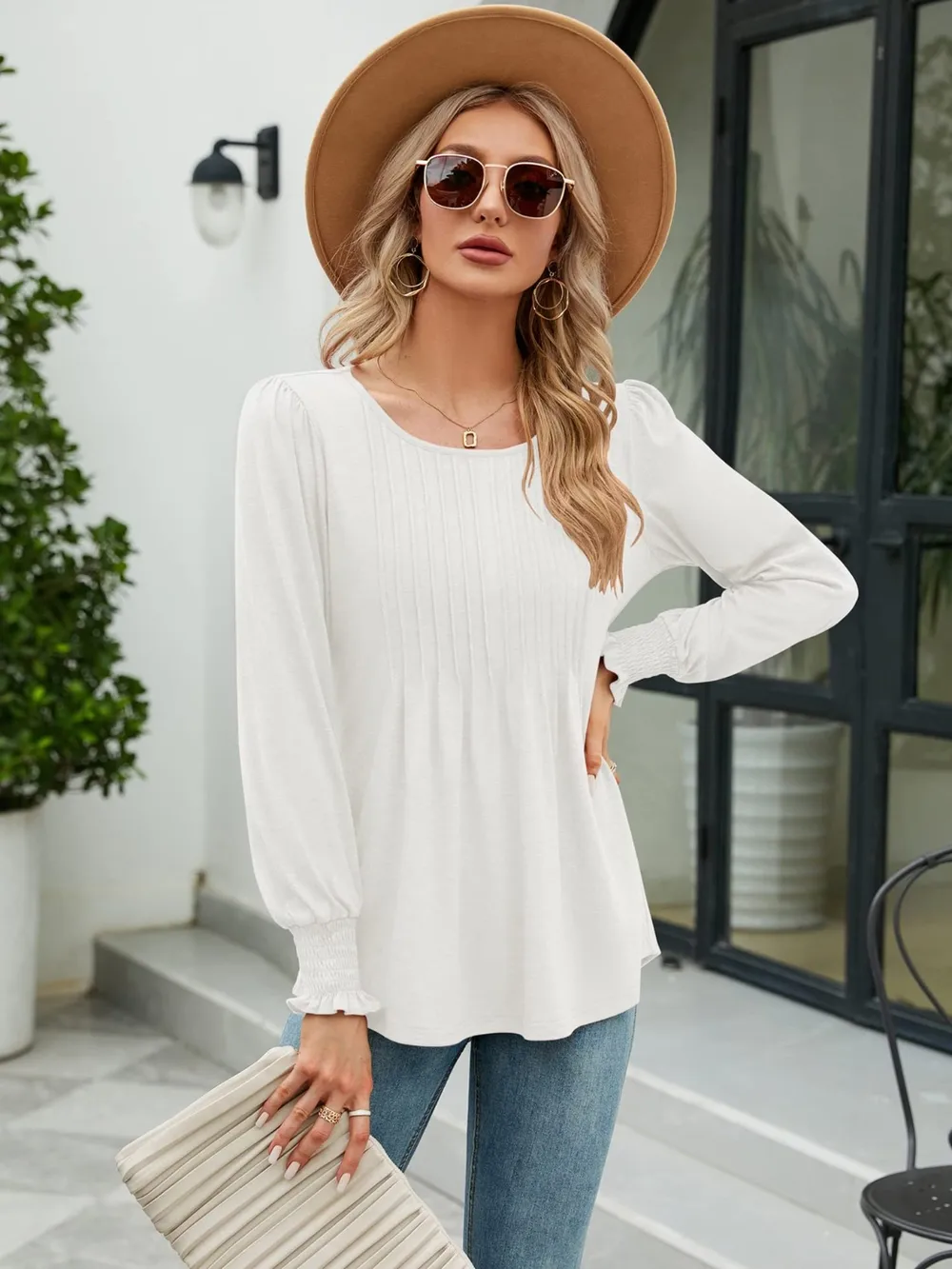 Smocked Round Neck Lantern Sleeve Blouse, image 17
