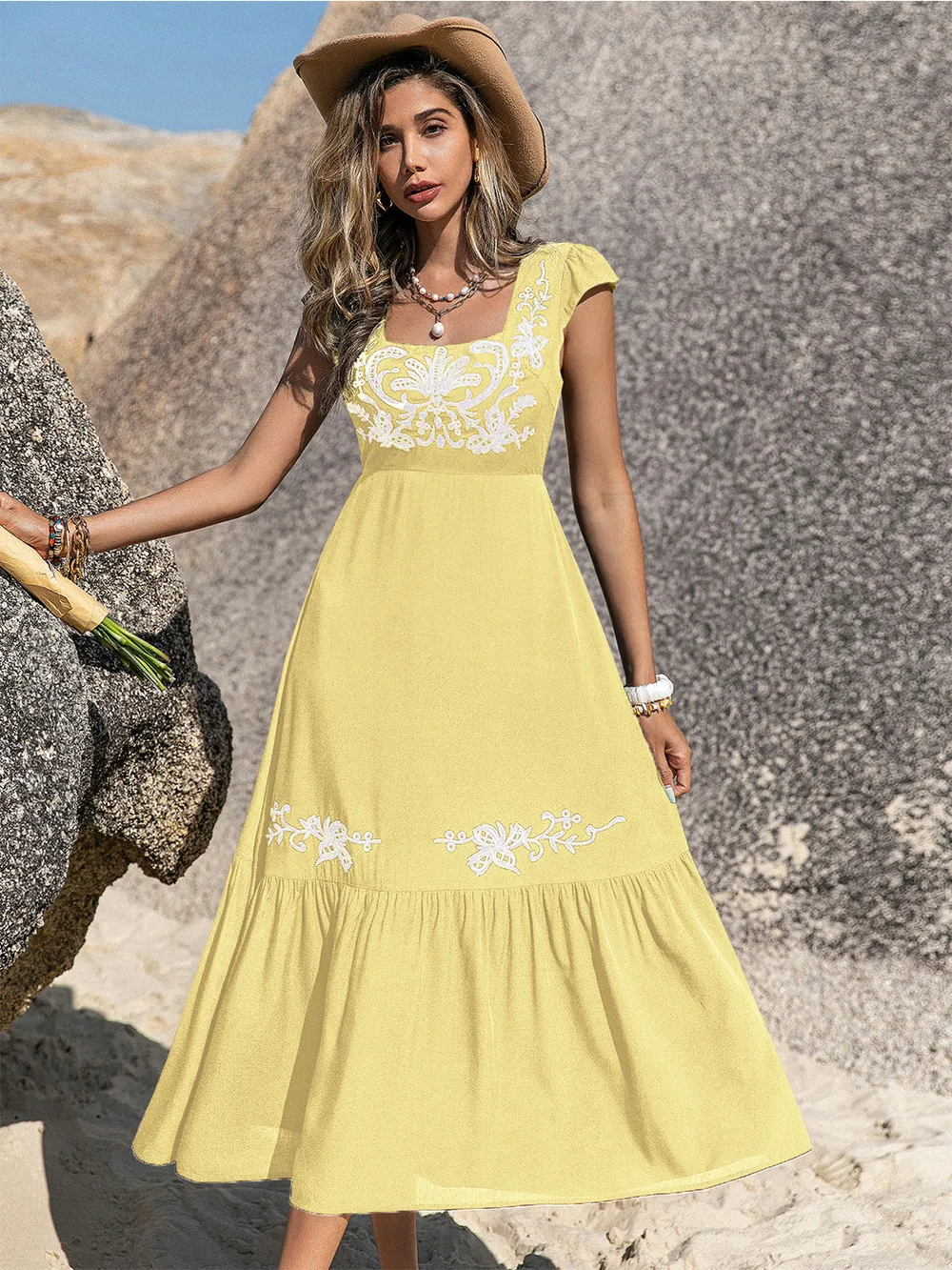 Embroidered Square Neck Ruffle Hem Dress, image 3