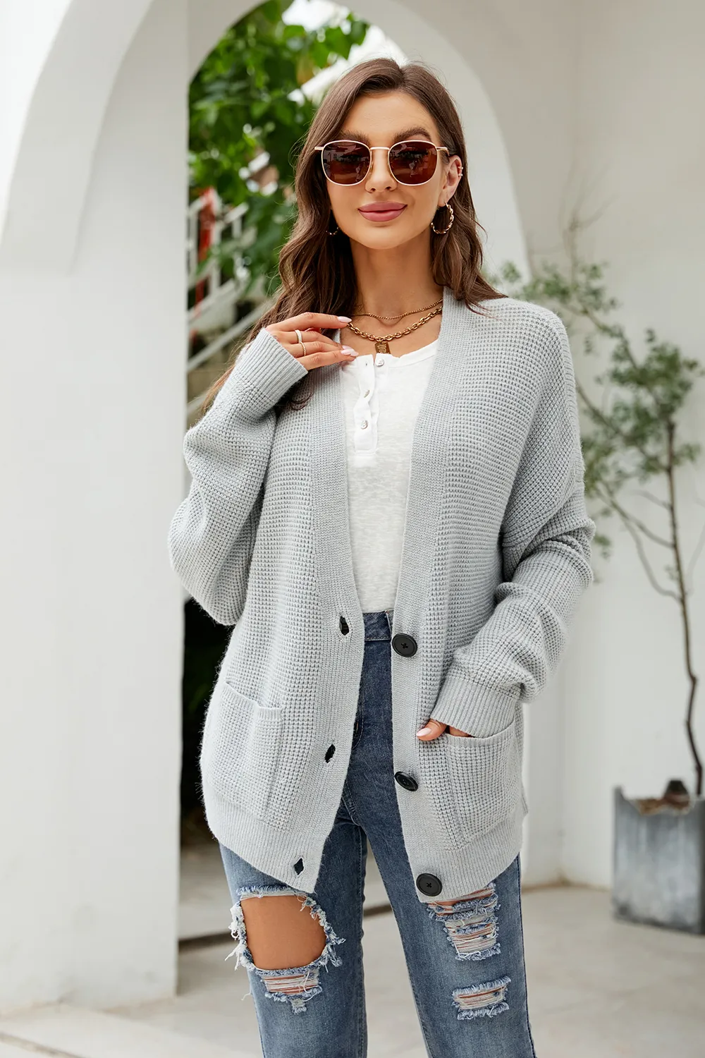 Button Up Drop Shoulder Long Sleeve Cardigan, image 6