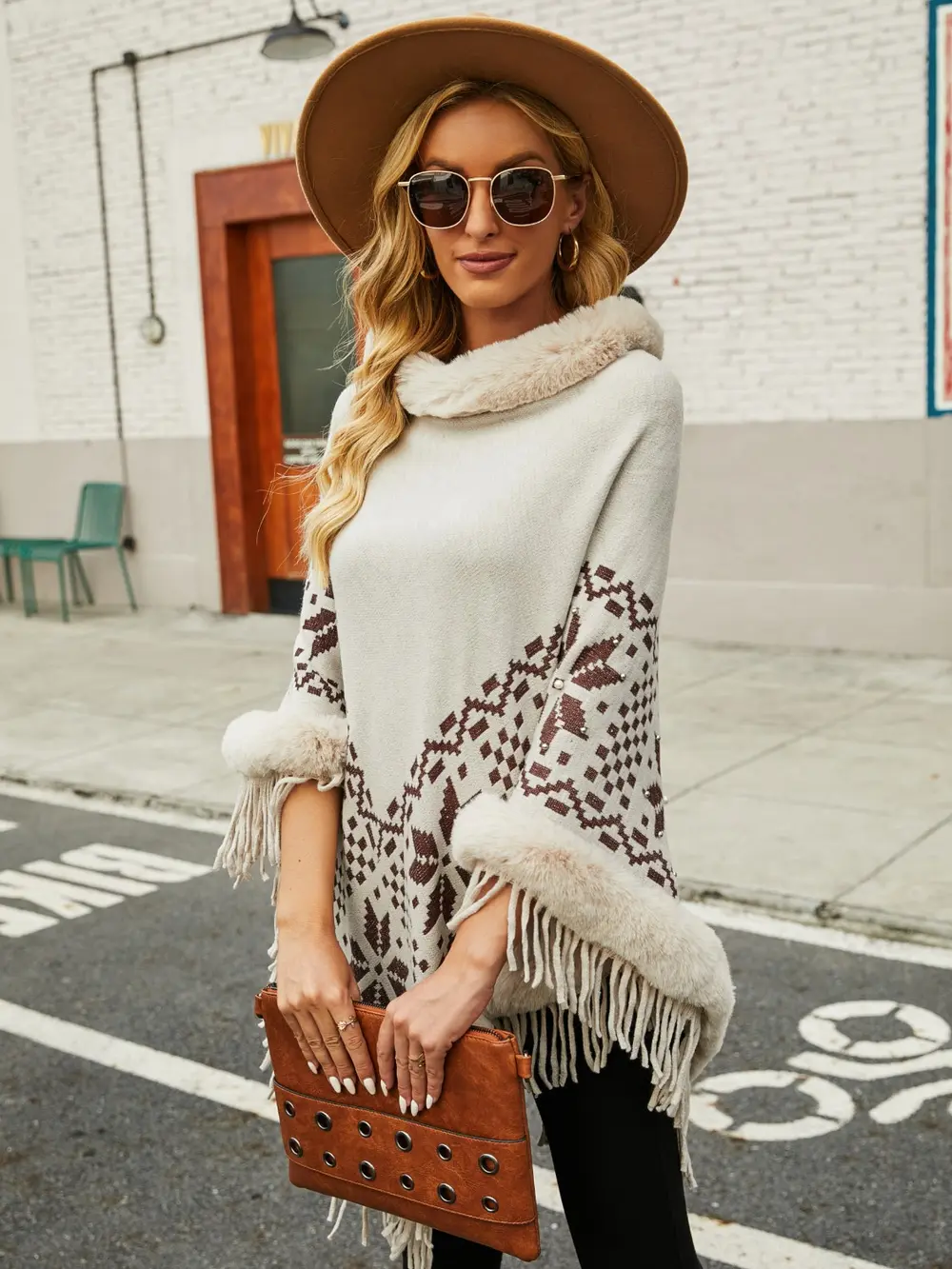 Fringe Geometric Cape Sleeve Poncho, image 4