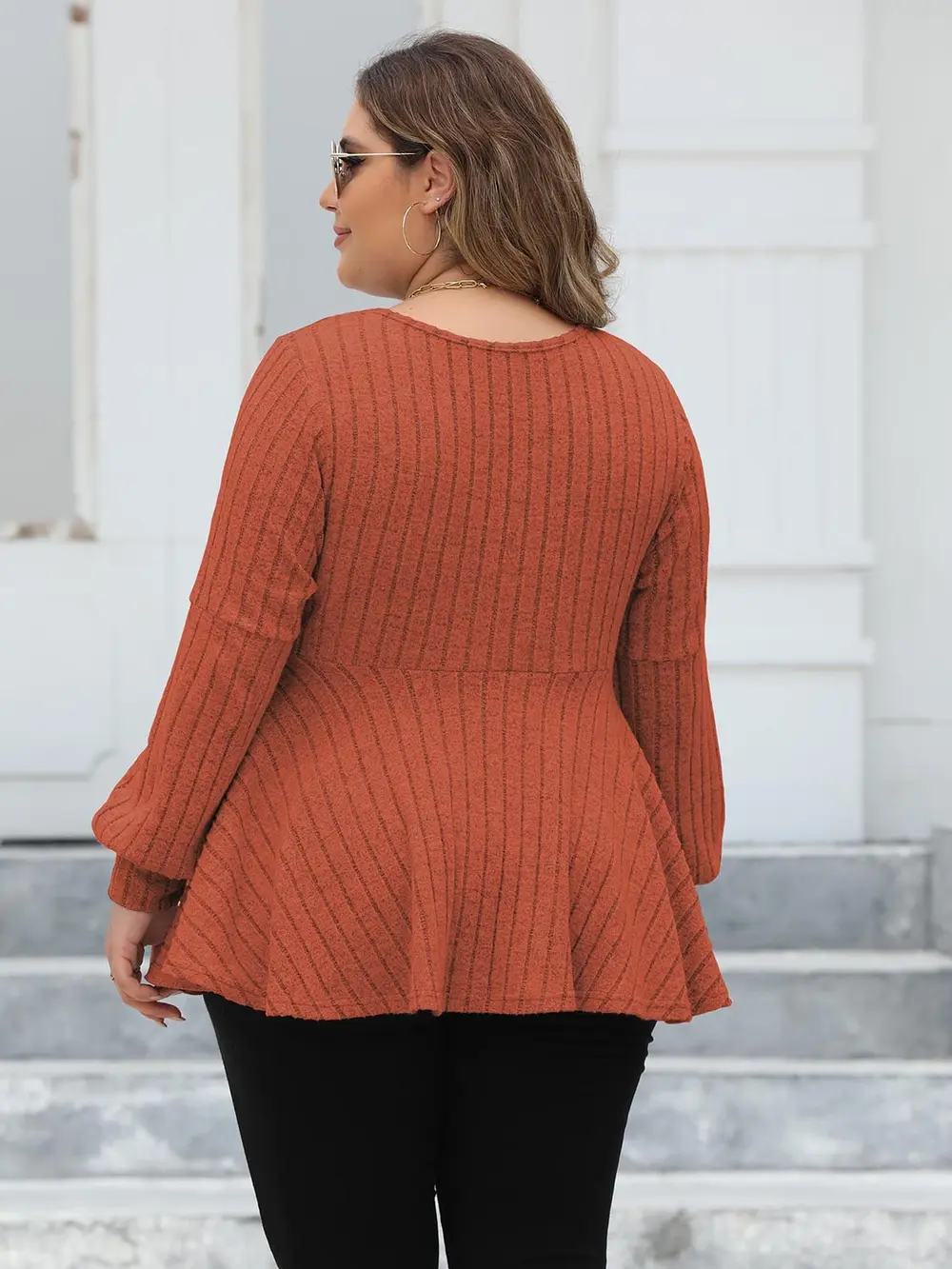 Plus Size Ribbed V-Neck Long Sleeve Blouse, image 12