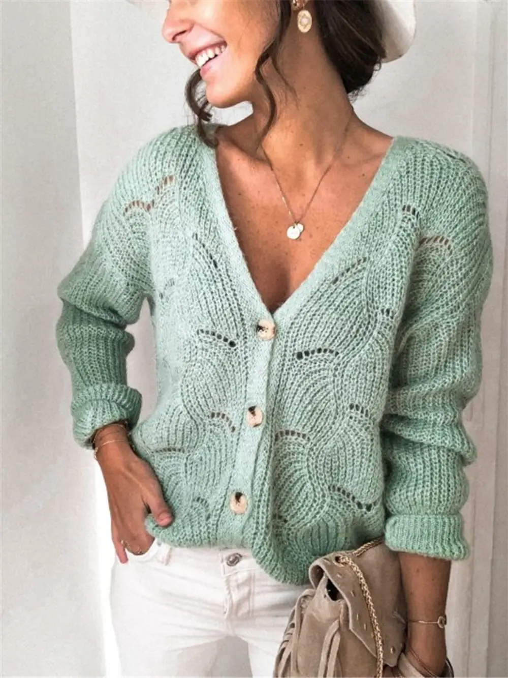 Openwork Button Up Long Sleeve Cardigan, image 5
