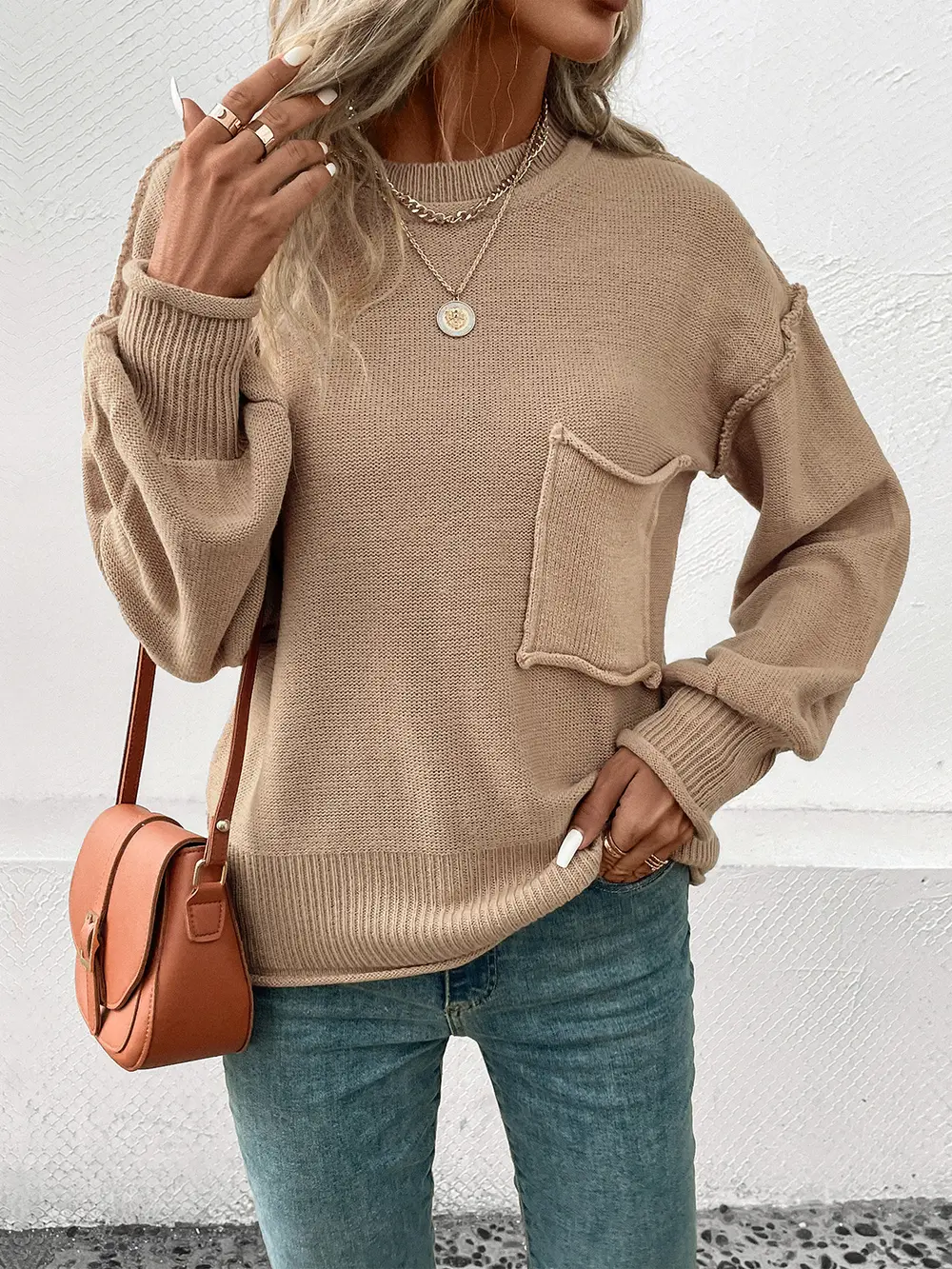Exposed Seam Round Neck Sweater, image 2