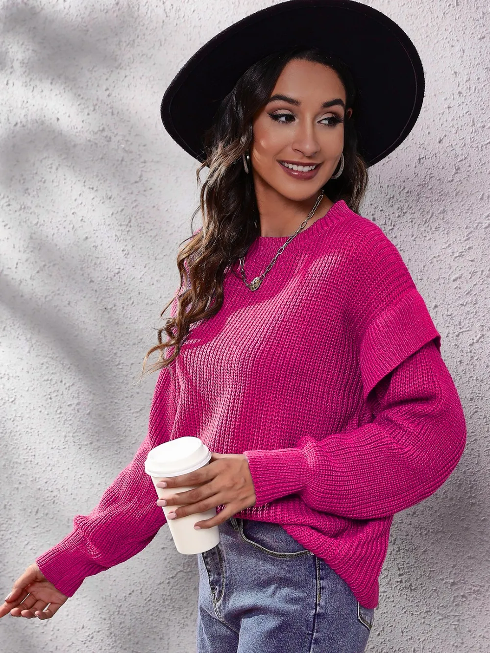 Ruffled Round Neck Dropped Shoulder Sweater, image 9