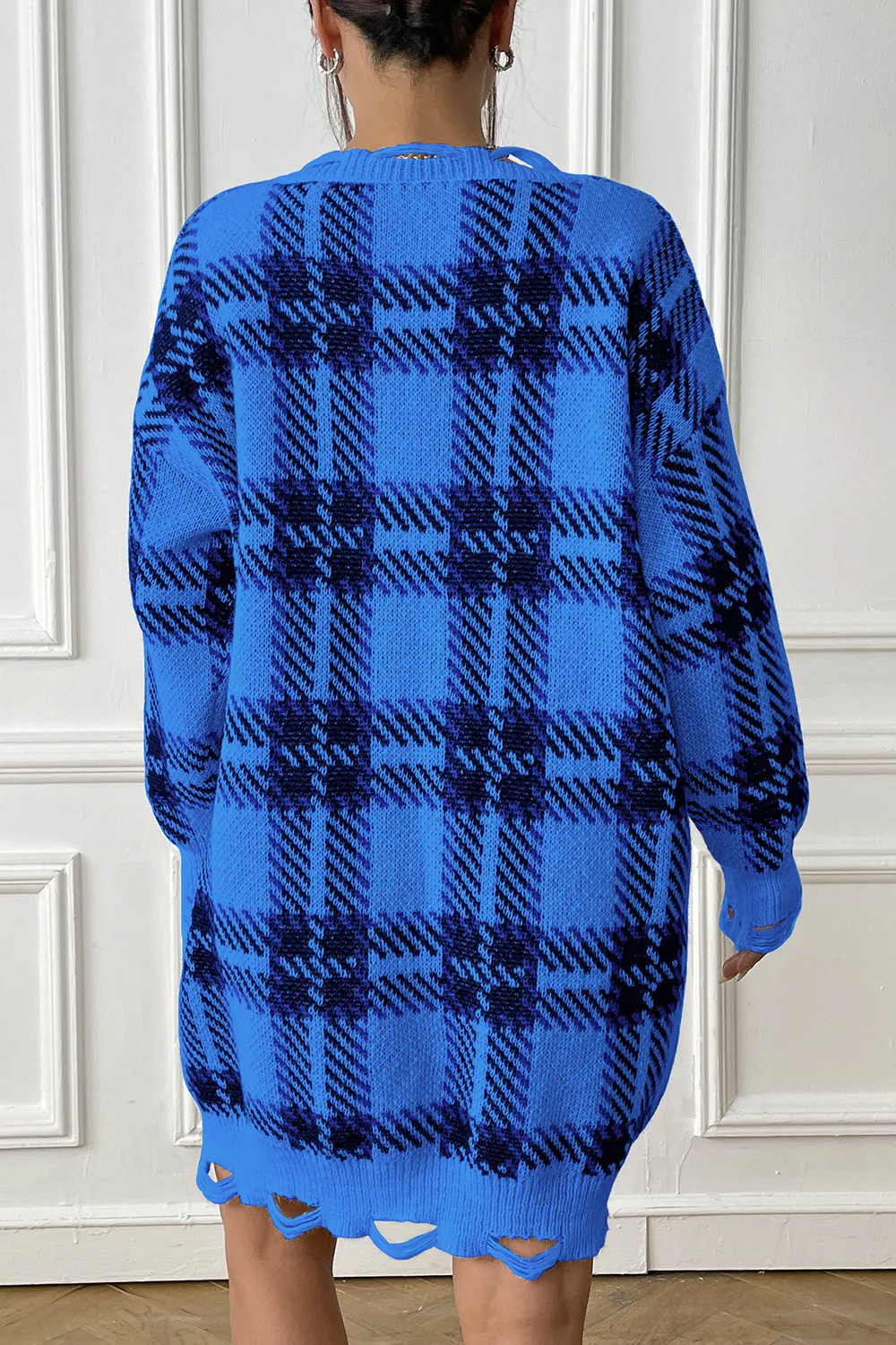 Plaid V-Neck Long Sleeve Sweater Dress, image 9