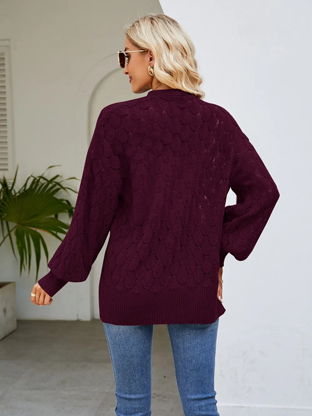 Openwork Open Front Lantern Sleeve Cardigan, image 7