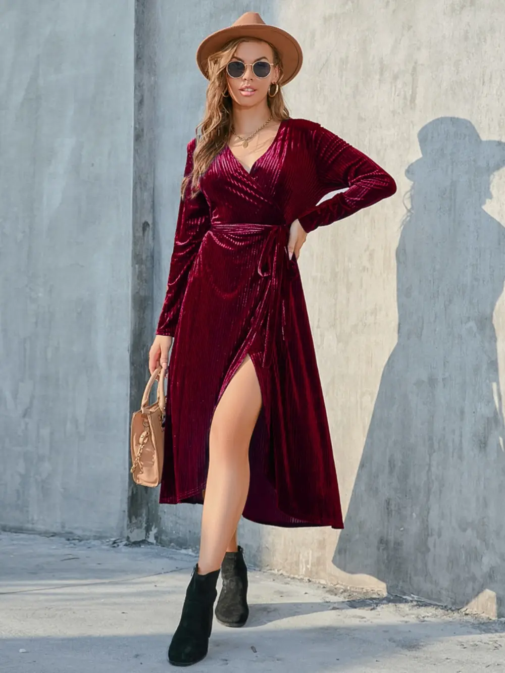 Tie Front Long Sleeve Slit Dress, image 5
