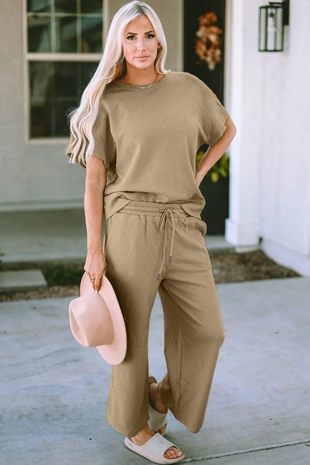 Full Size Texture Short Sleeve Top and Pants Set, image 4