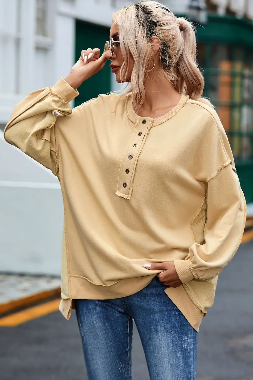 Buttoned Dropped Shoulder Sweatshirt, image 5