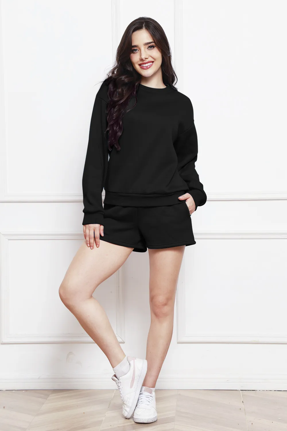 Round Neck Long Sleeve Sweatshirt and Drawstring Shorts Set, image 9