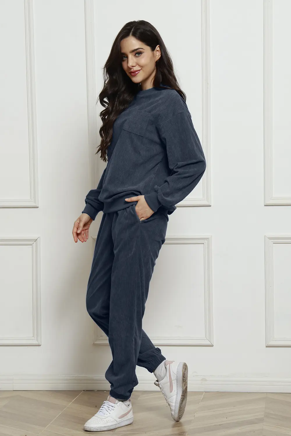 Corduroy Round Neck Sweatshirt and Sweatpants Set, image 3