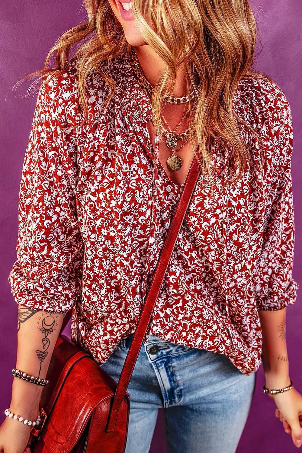 Printed Tie Neck Balloon Sleeve Blouse, image 4