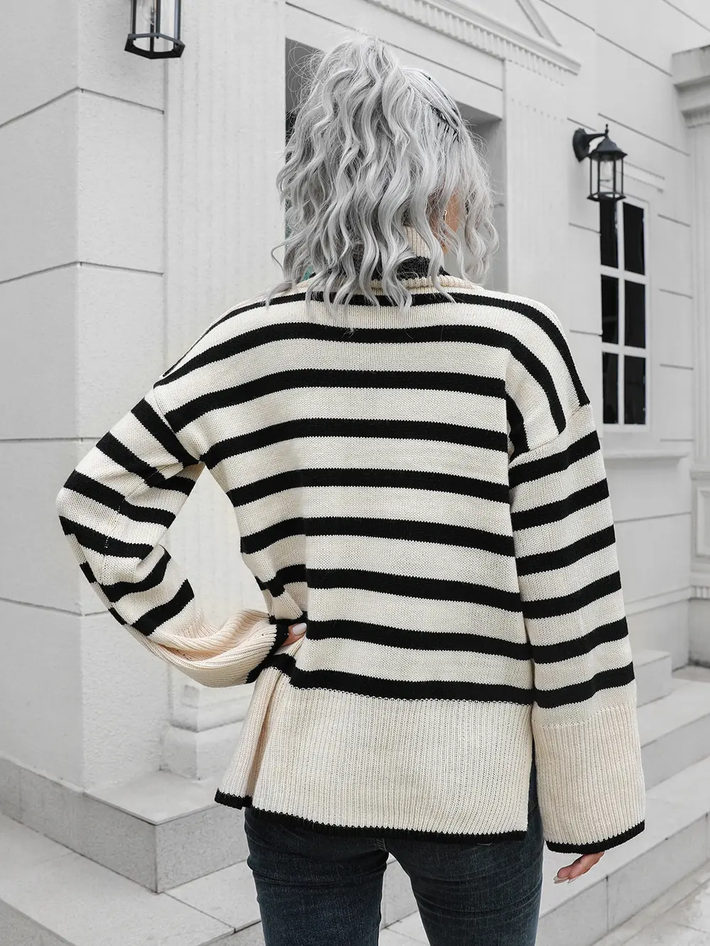 Striped Slit Turtleneck Drop Shoulder Sweater, image 6