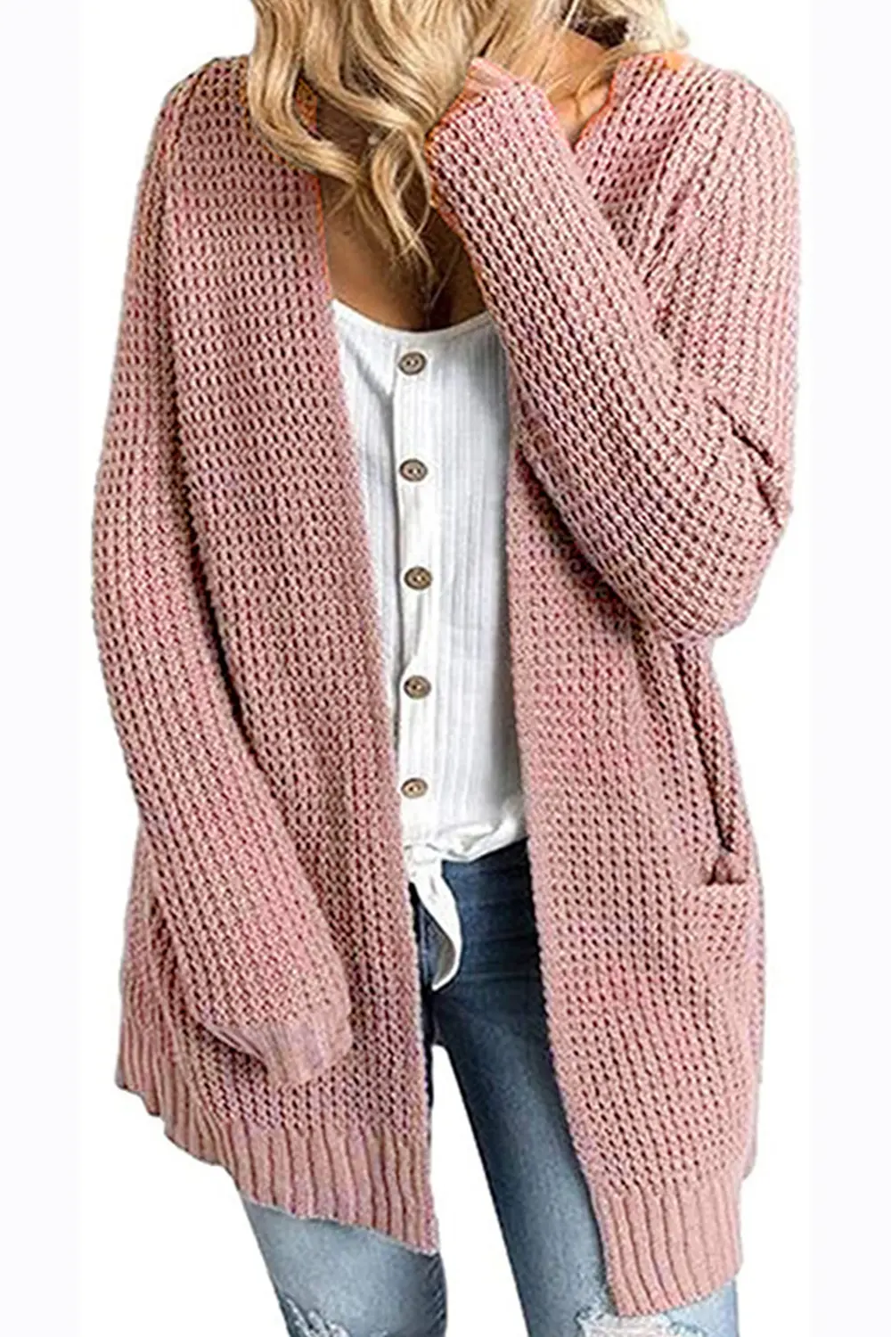 Rib-Knit Open Front Pocketed Cardigan, image 2