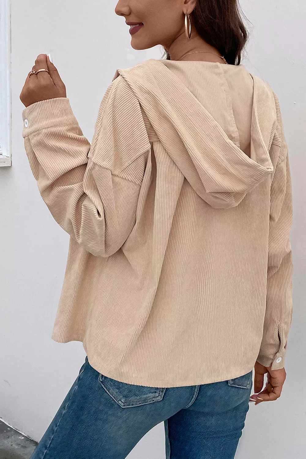 Ribbed Button Up Drawstring Hooded Jacket, image 2