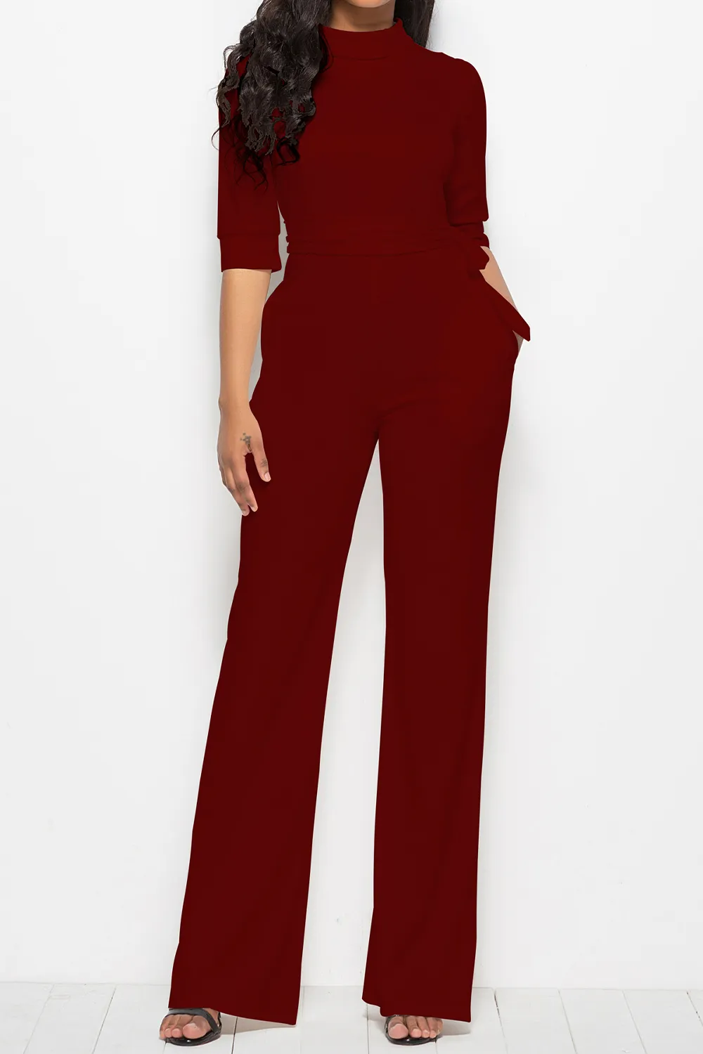 Mock Neck Tie-Waist Half Sleeve Jumpsuit, image 11