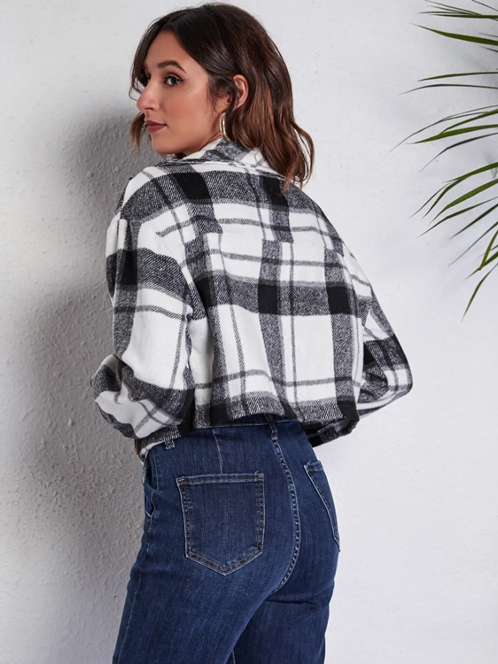 Plaid Button Front Jacket with Pockets, image 3