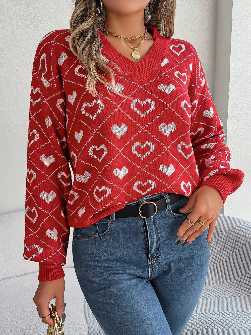 Heart Pattern V-Neck Long Sleeve Sweater, image 7
