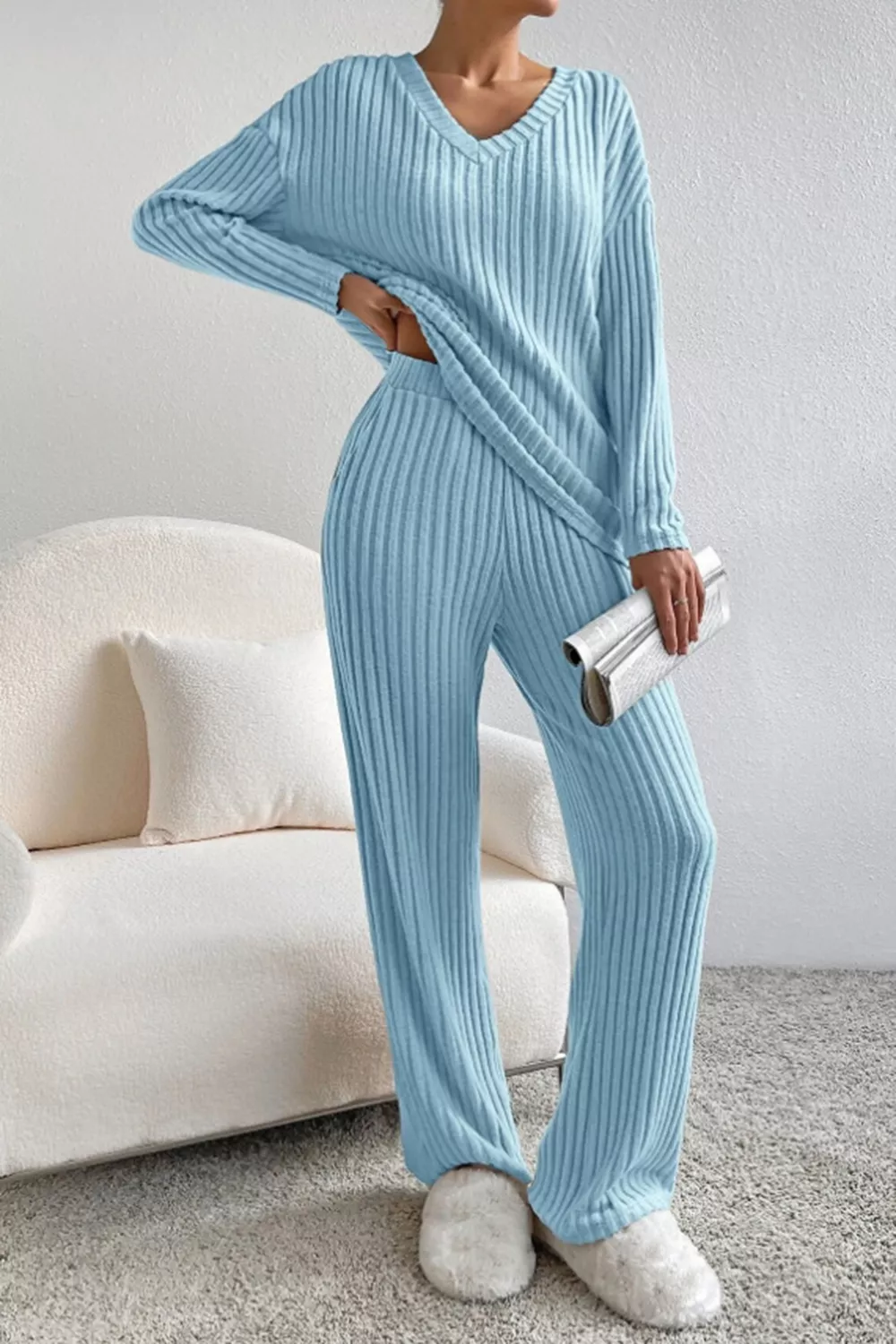 Ribbed V-Neck Top and Pants Set, image 14