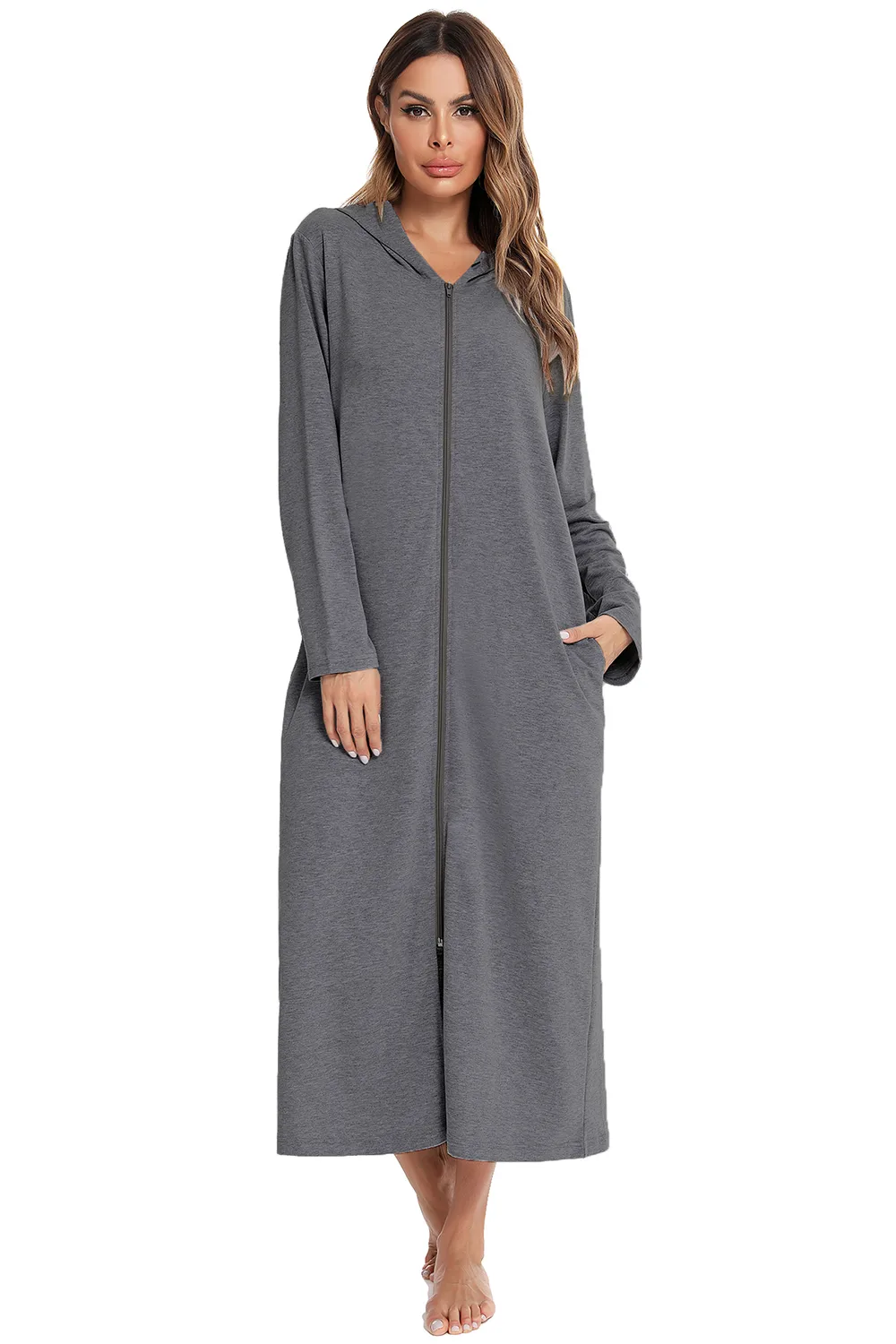 Zip Front Hooded Night Dress with Pockets, image 8