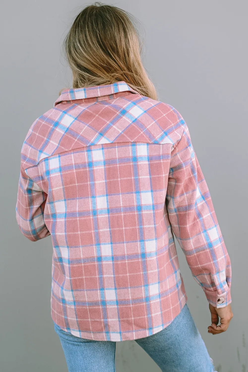 Plaid Pocketed Collared Neck Button Up Jacket, image 2