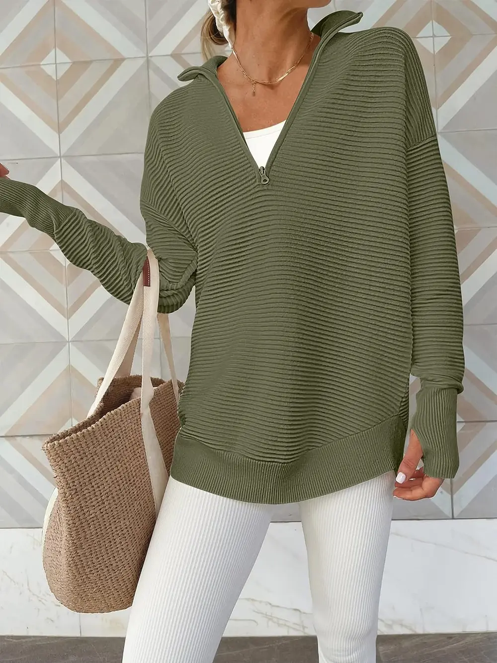 Half Zip Long Sleeve Knit Top, image 6