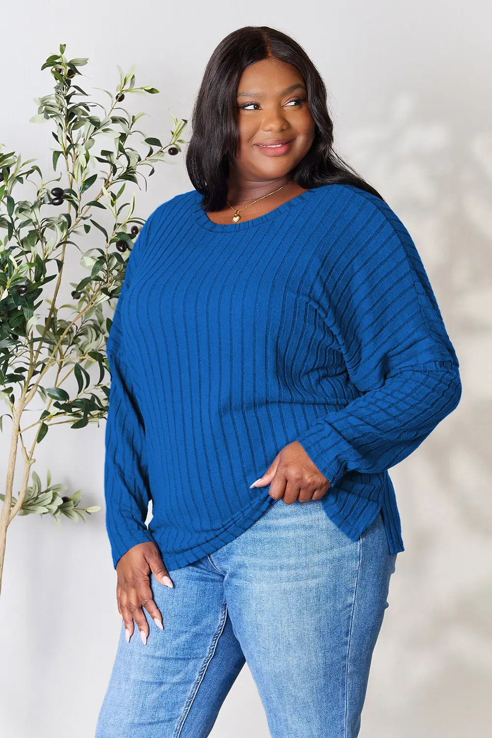 Full Size Ribbed Round Neck Slit Knit Top, image 11