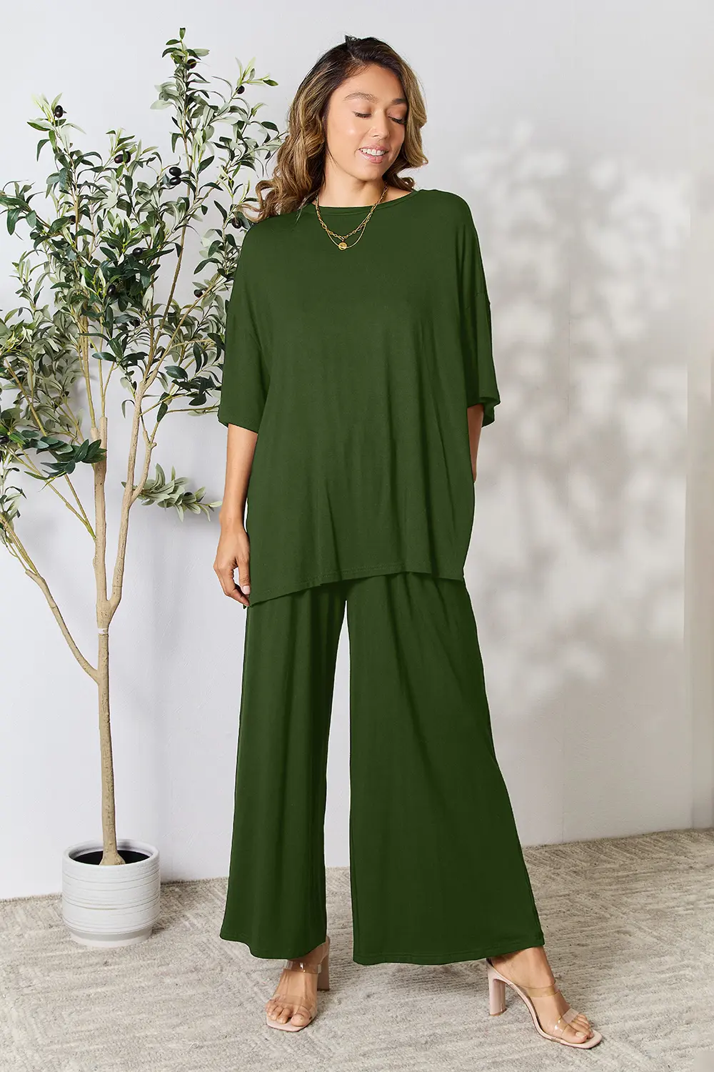 Full Size Round Neck Slit Top and Pants Set, image 7