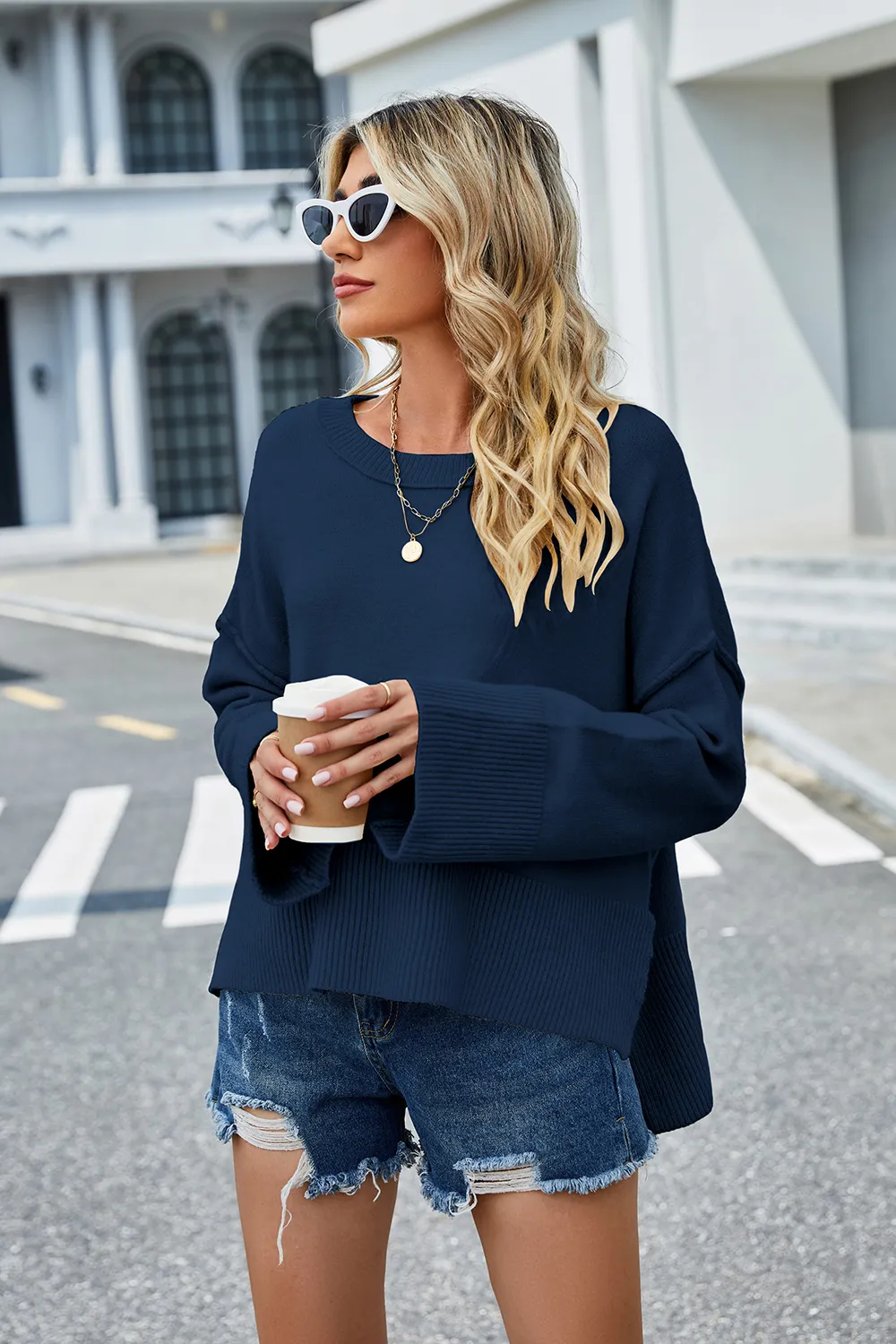 High-Low Slit Round Neck Long Sleeve Sweater, image 18