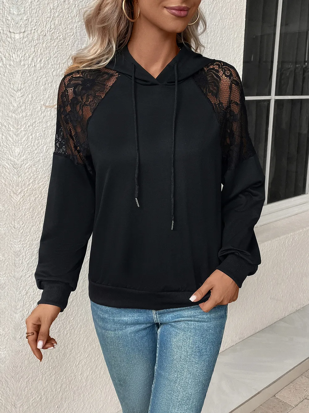 Lace Detail Drawstring Long Sleeve Hoodie, image 2