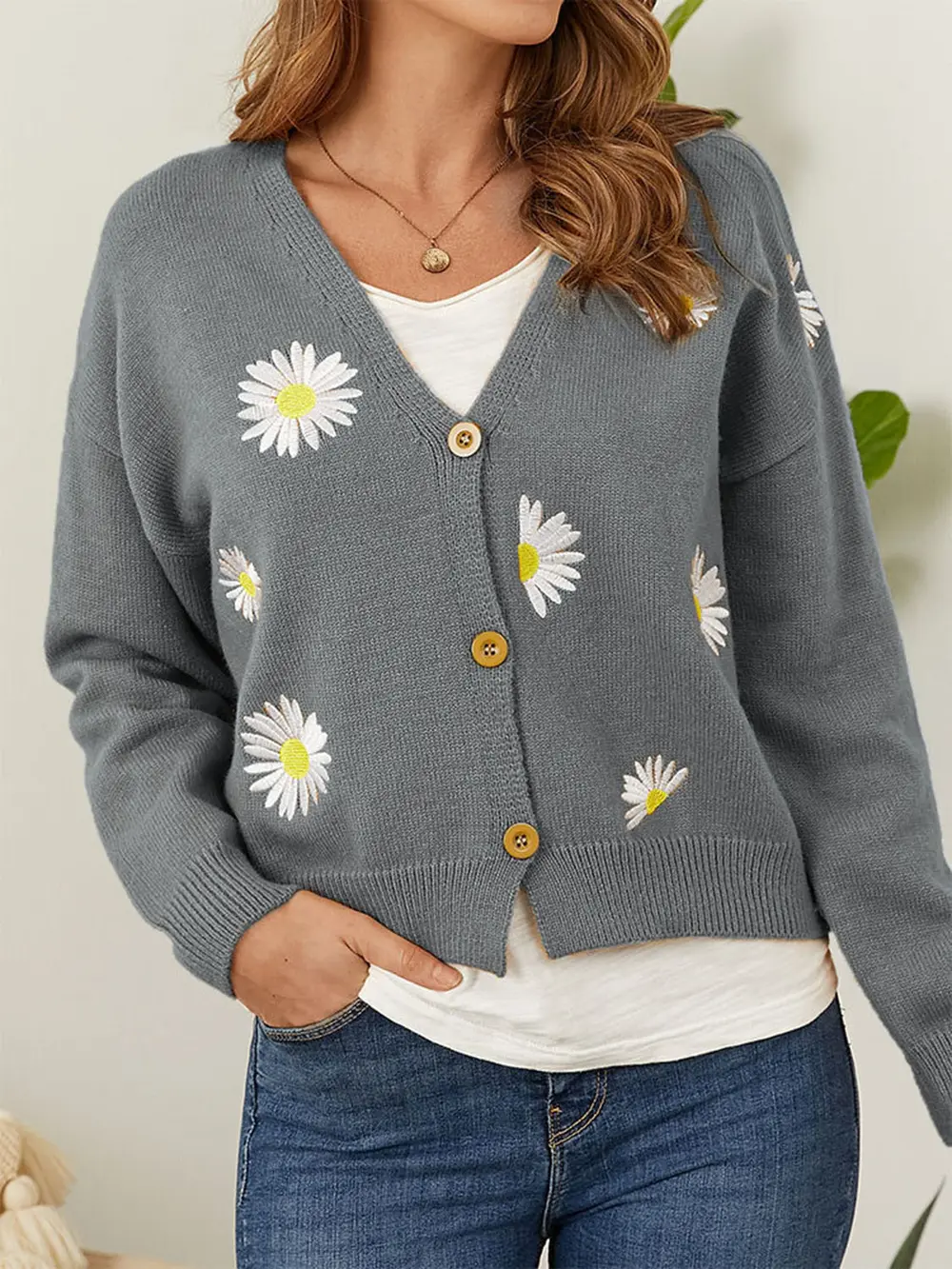Flower Button Front Dropped Shoulder Cardigan, image 8