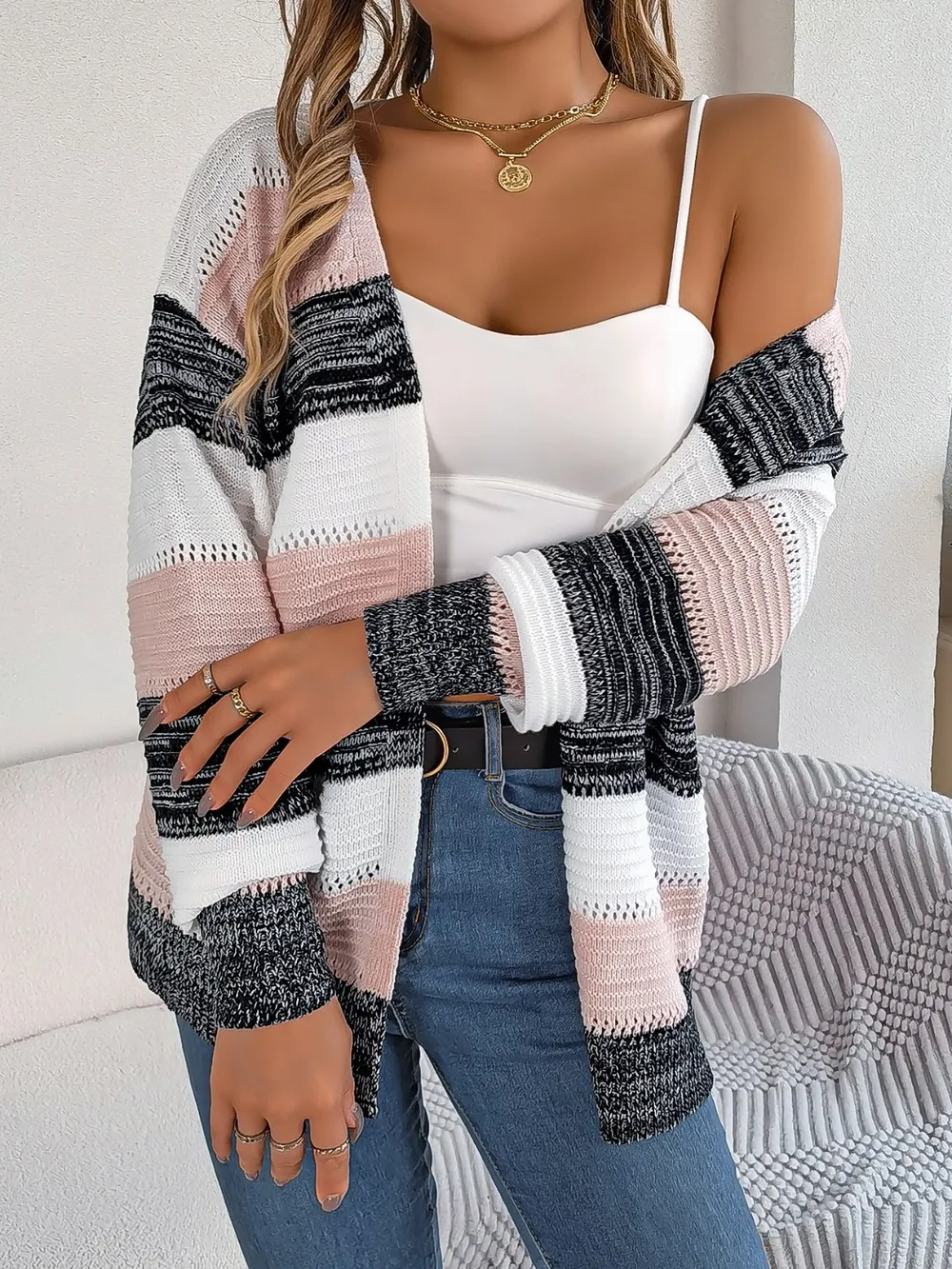 Openwork Striped Open Front Cardigan, image 6