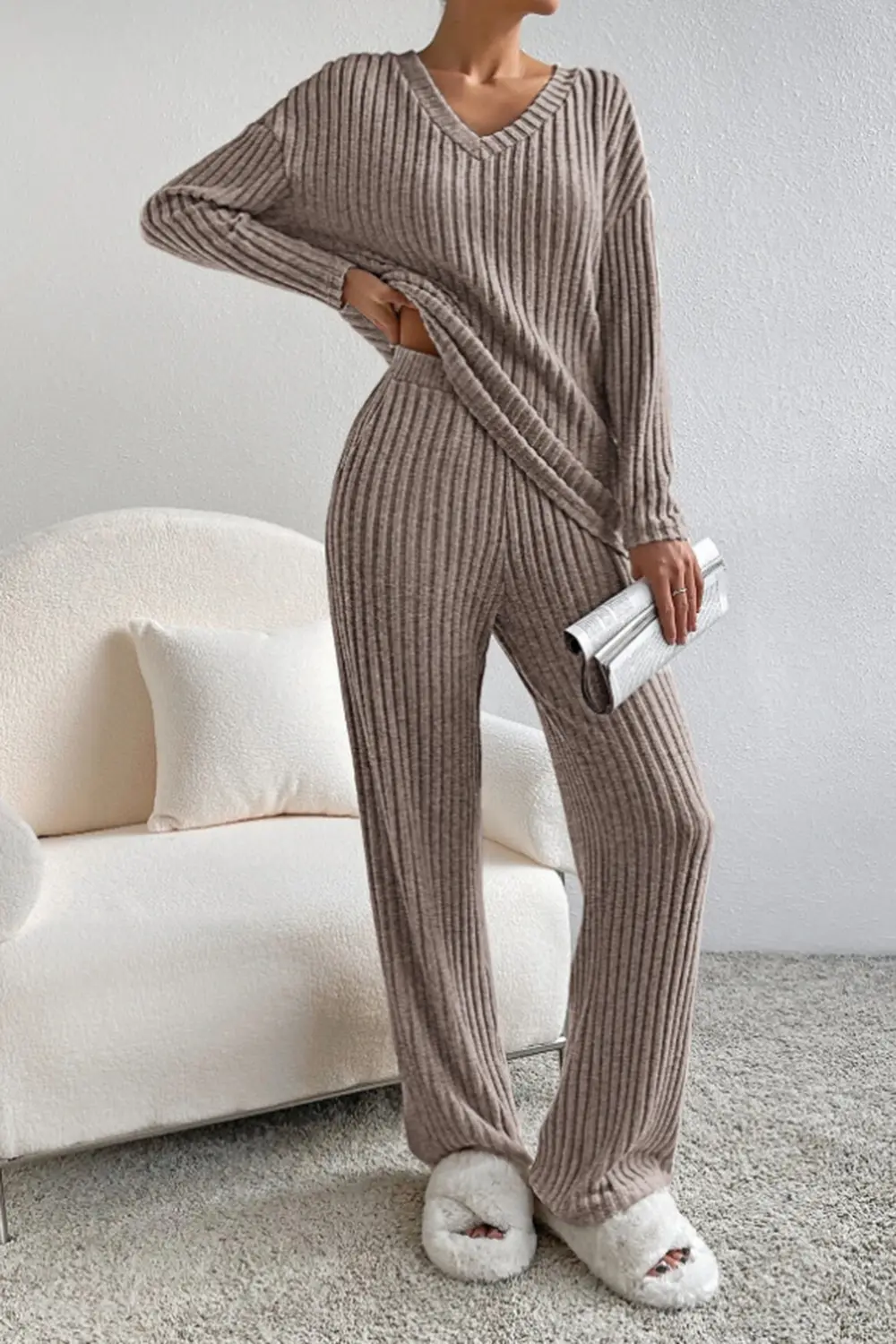 Ribbed V-Neck Top and Pants Set, image 5