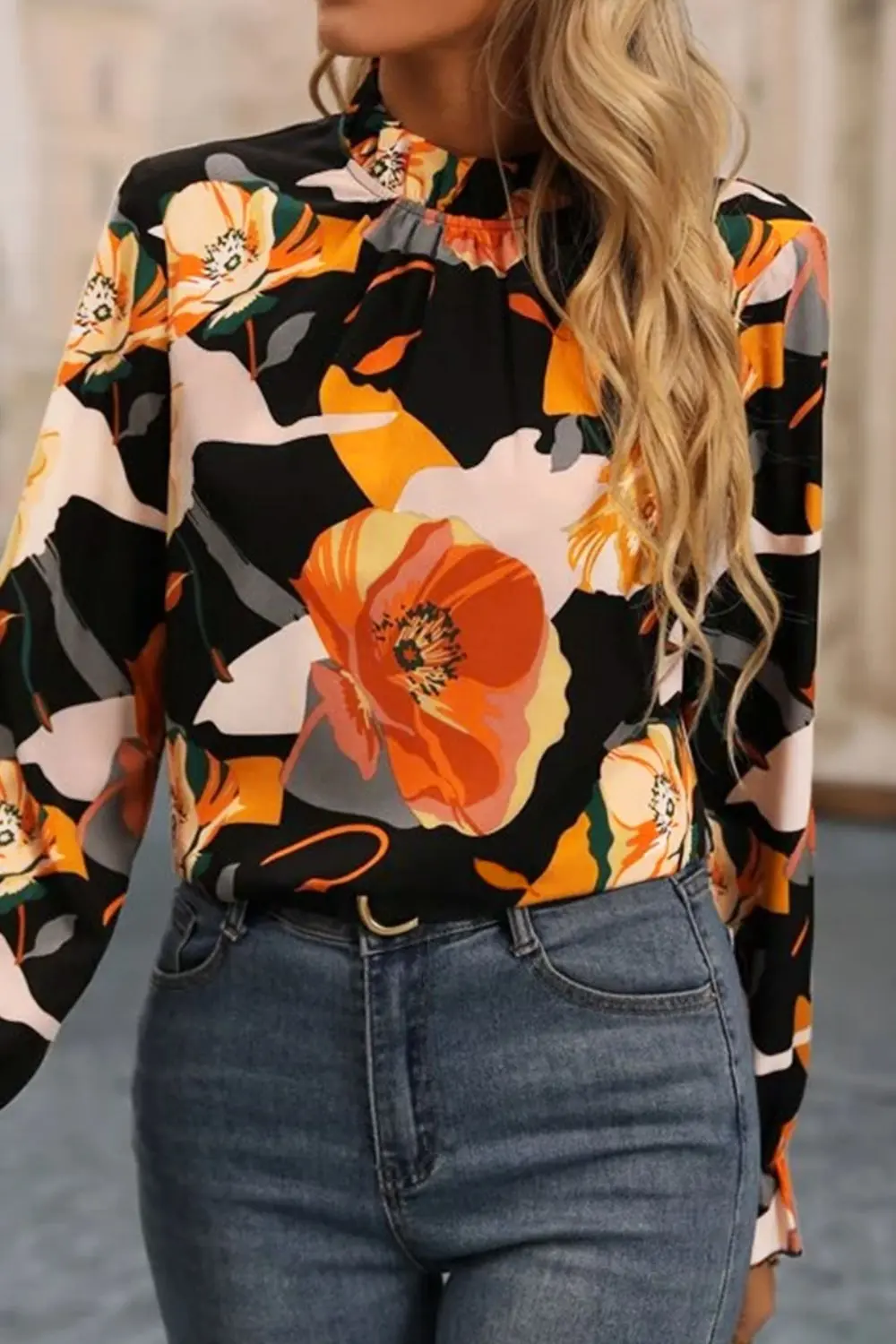 Floral Mock Neck Flounce Sleeve Blouse, image 3