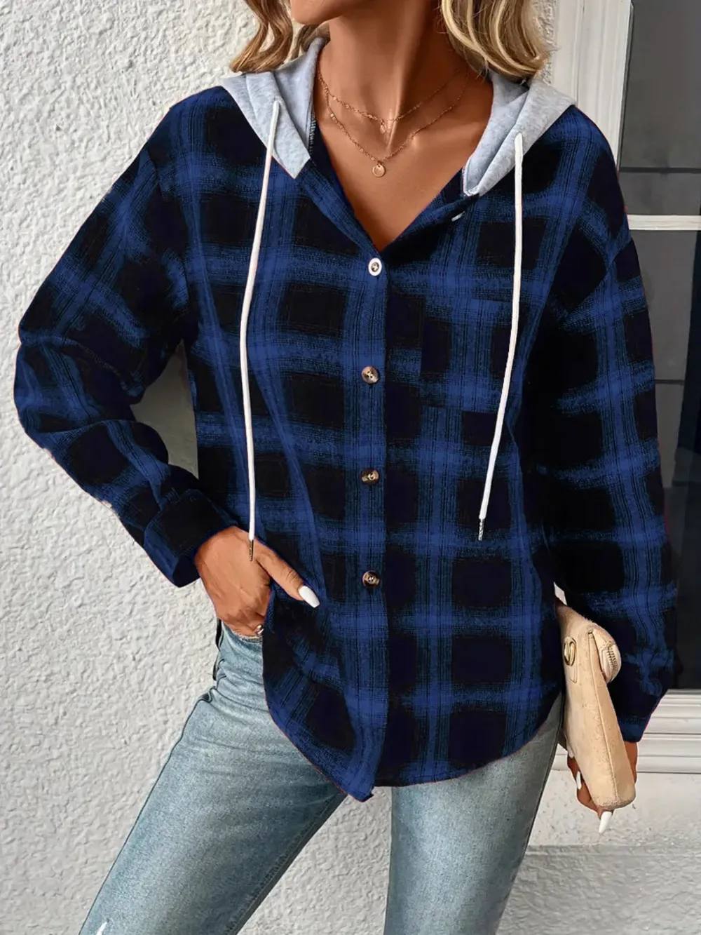 Plaid Drawstring Button Up Hooded Jacket, image 8