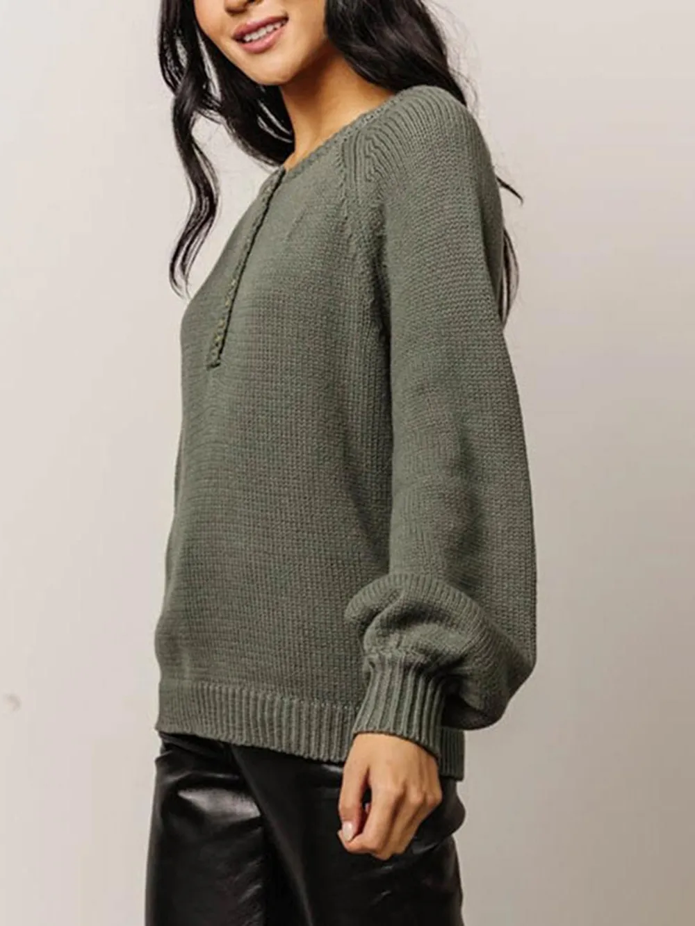 Buttoned Round Neck Long Sleeve Sweater, image 3