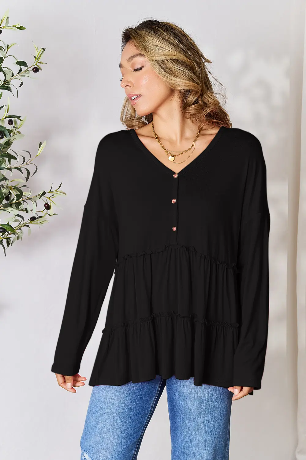 Half Button Long Sleeve Ruffle Hem Blouse, image 4