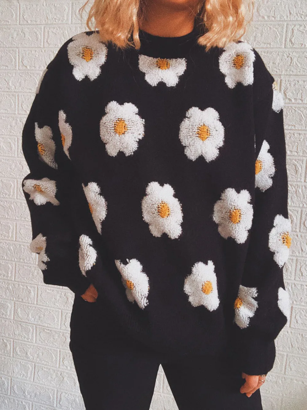 Flower Round Neck Long Sleeve Sweater, image 5