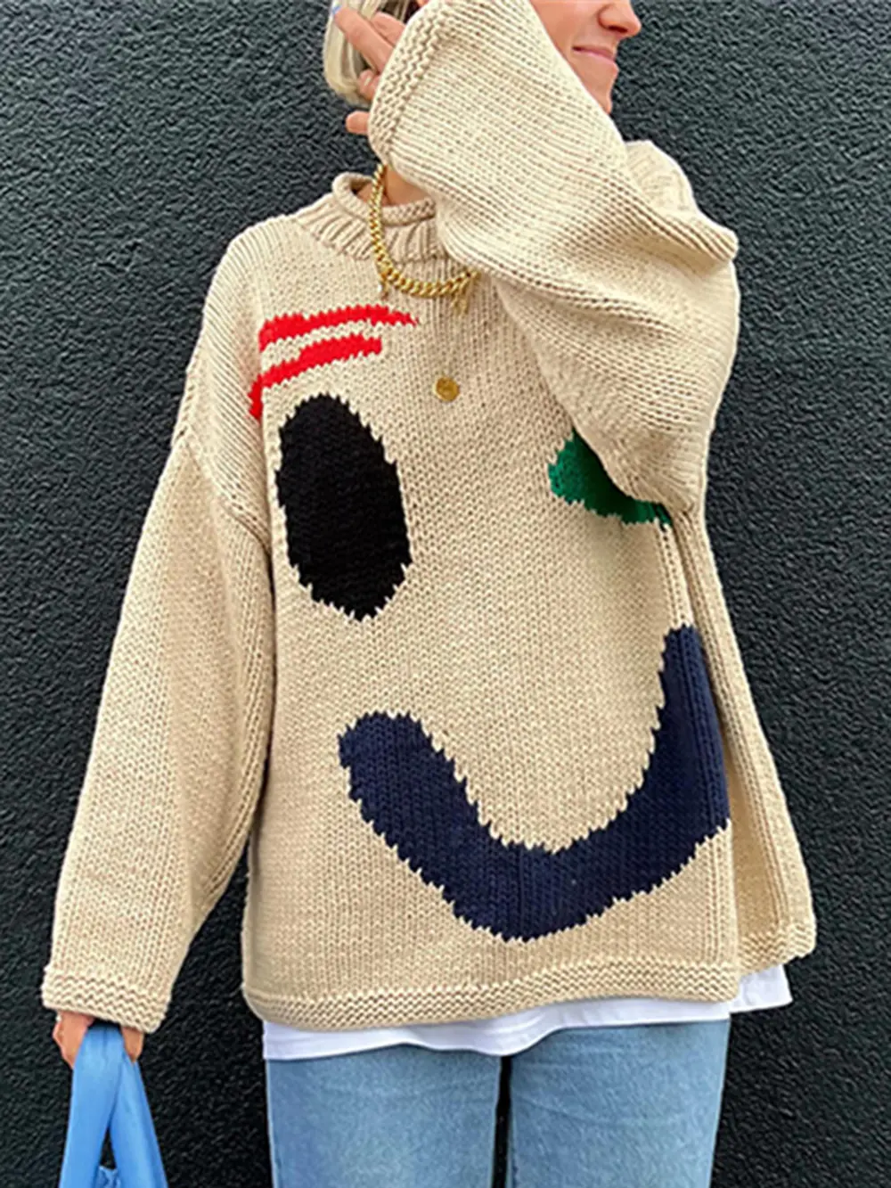 Contrast Drop Shoulder Long Sleeve Sweater, image 3