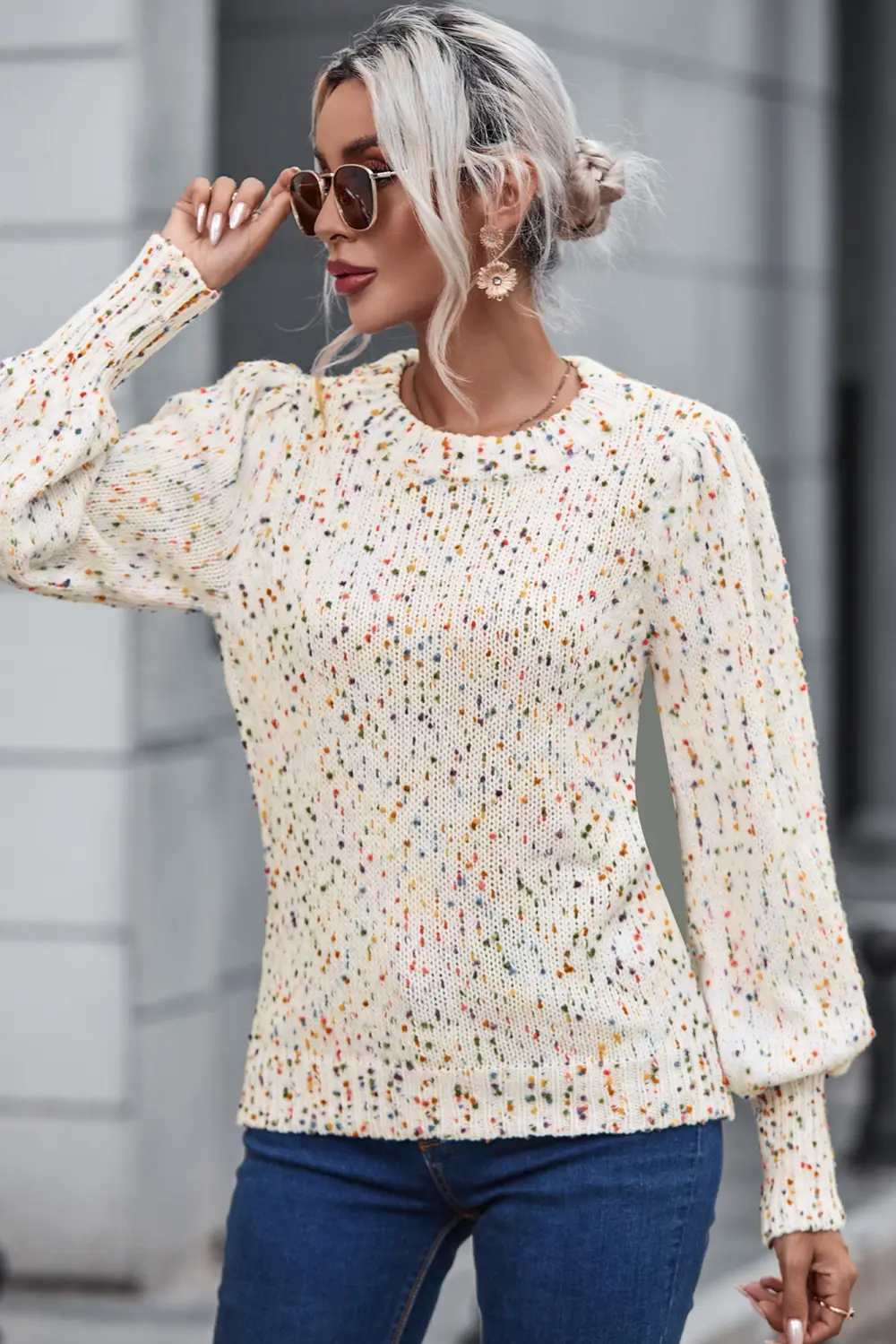 Heathered Round Neck Lantern Sleeve Sweater, image 4