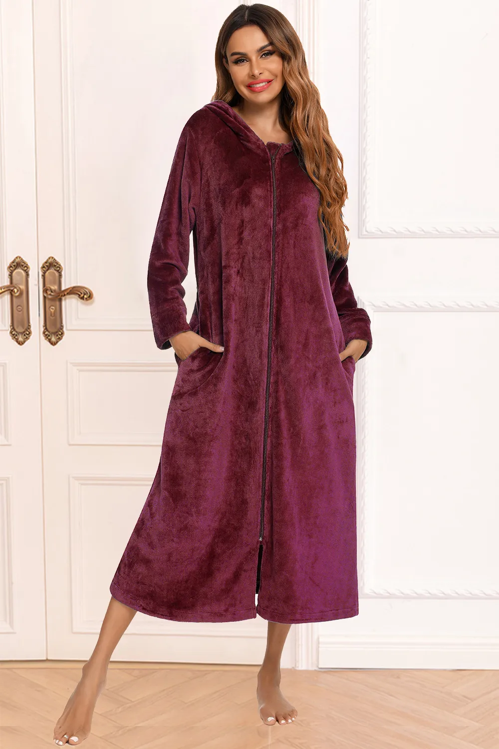 Zip Front Hooded Night Dress with Pockets, image 5