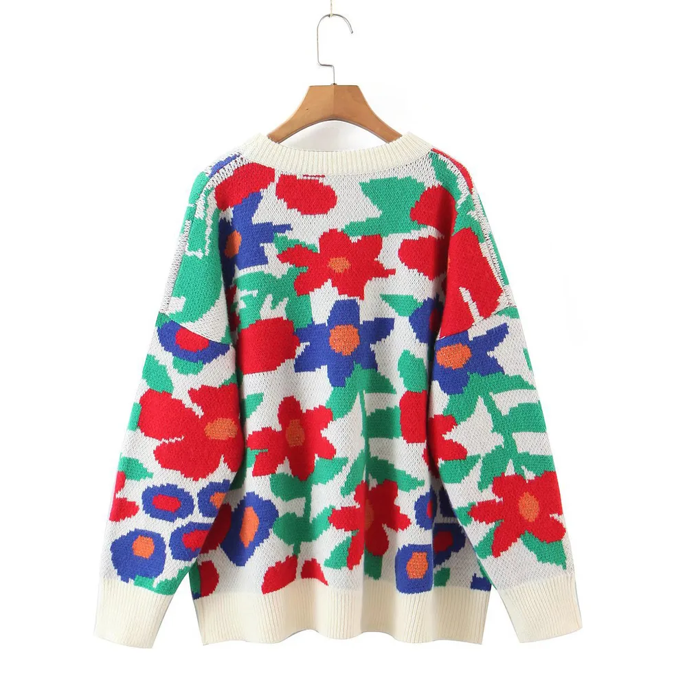 Floral Round Neck Drop Shoulder Sweater, image 3