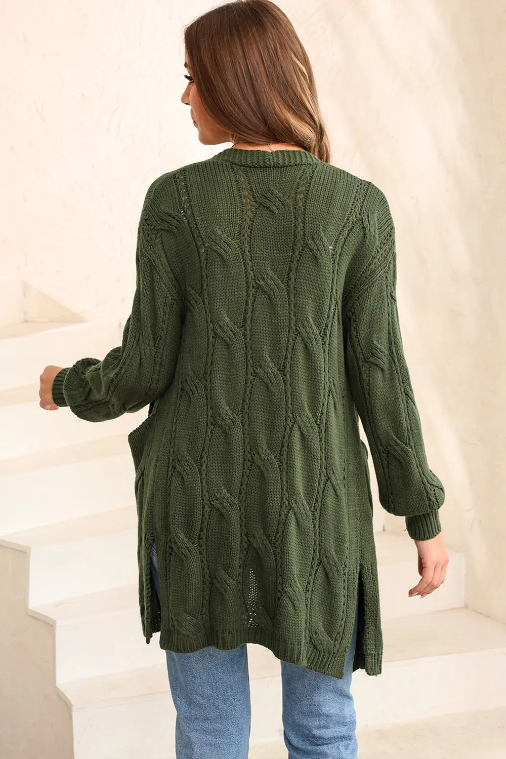 Cable-Knit Dropped Shoulder Slit Cardigan, image 4