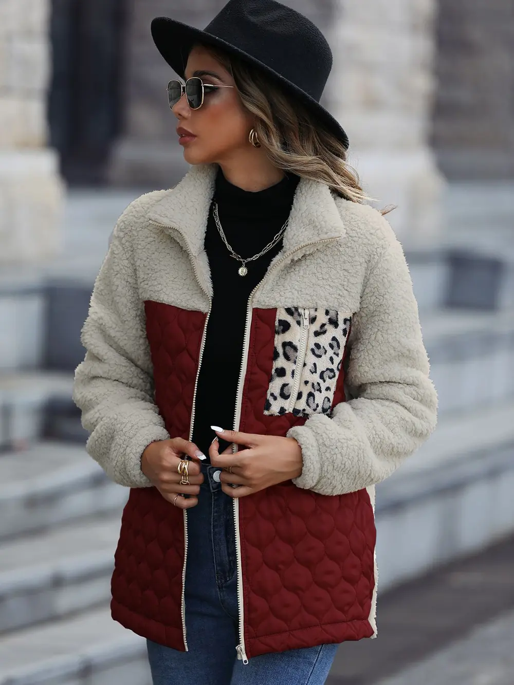 Leopard Color Block Zip-Up Jacket, image 8