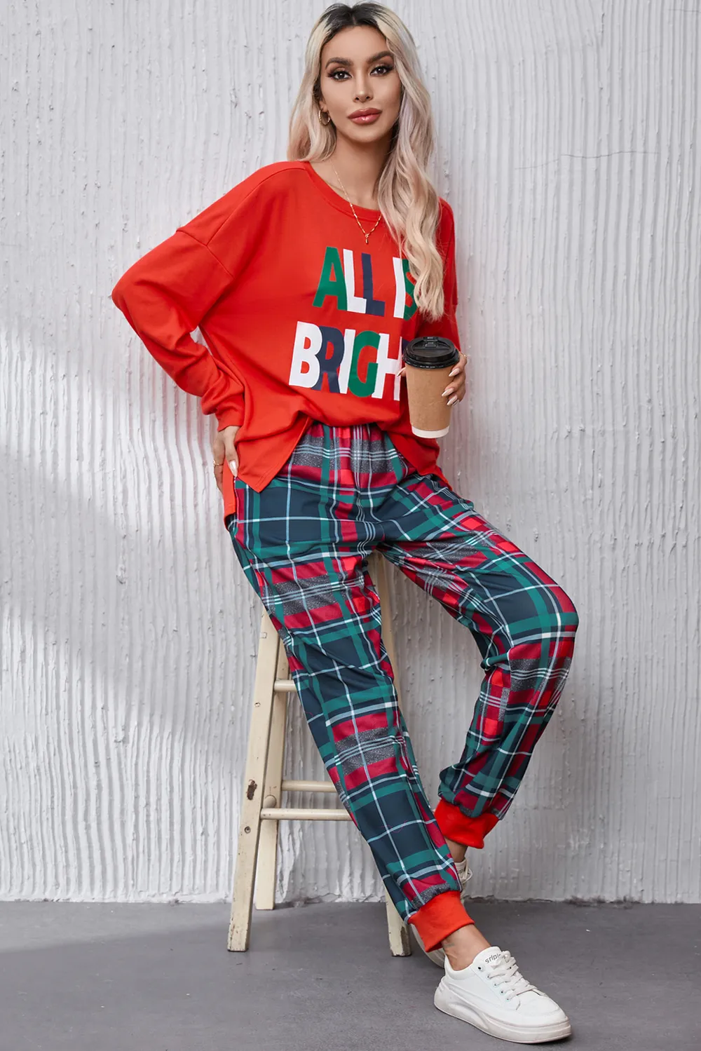 ALL IS BRIGHT Round Neck Top and Plaid Pants Lounge Set, image 6