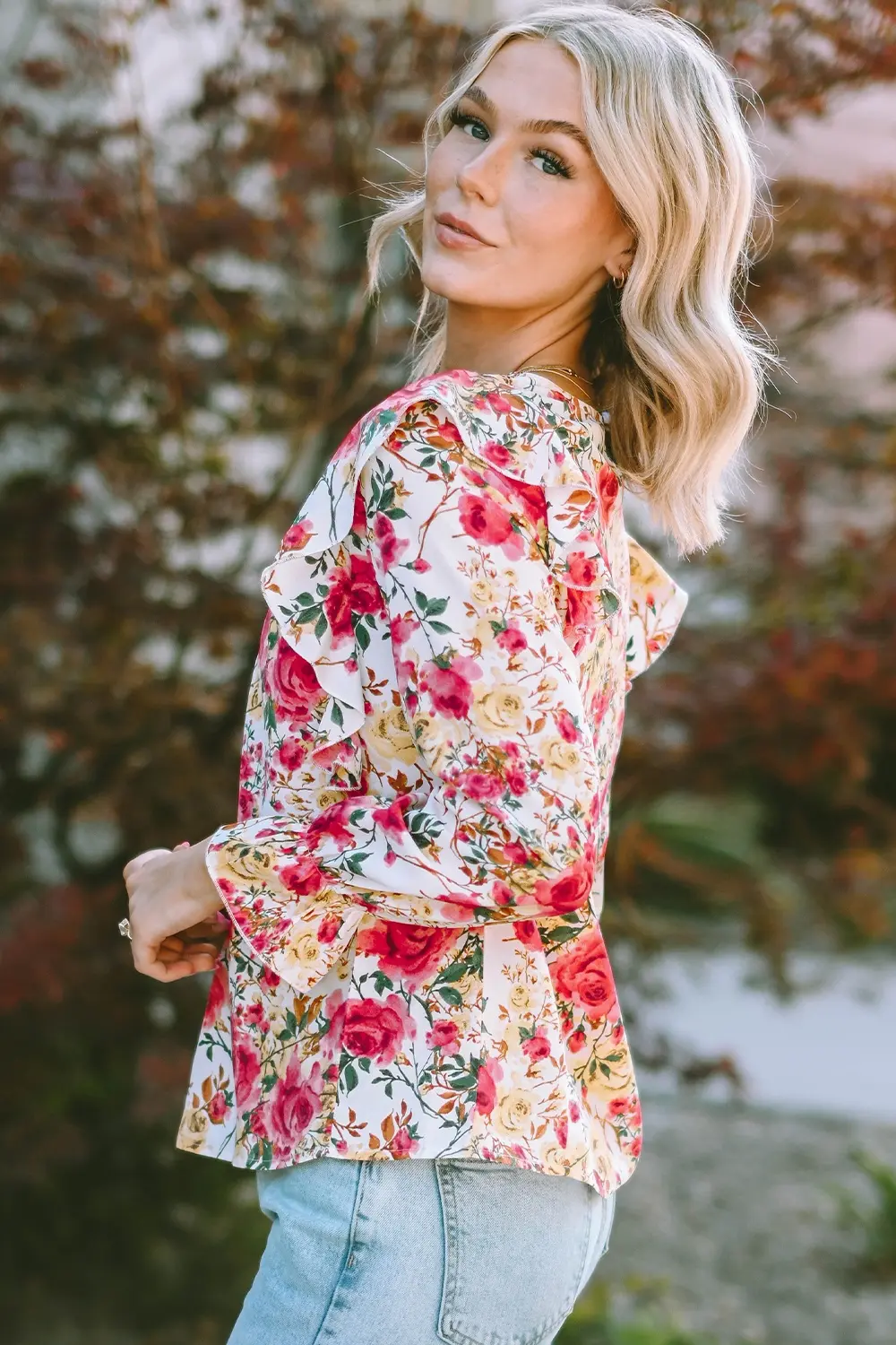 Floral Round Neck Smocked Blouse, image 4