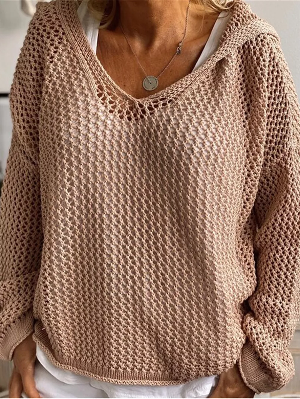 Openwork Hooded Long Sleeve Sweater, image 3