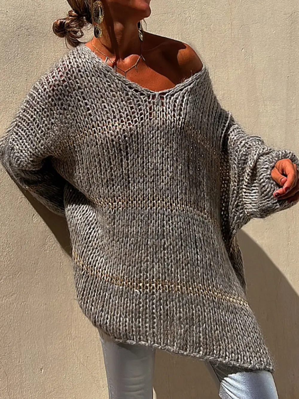 Openwork V-Neck Long Sleeve Sweater, image 6